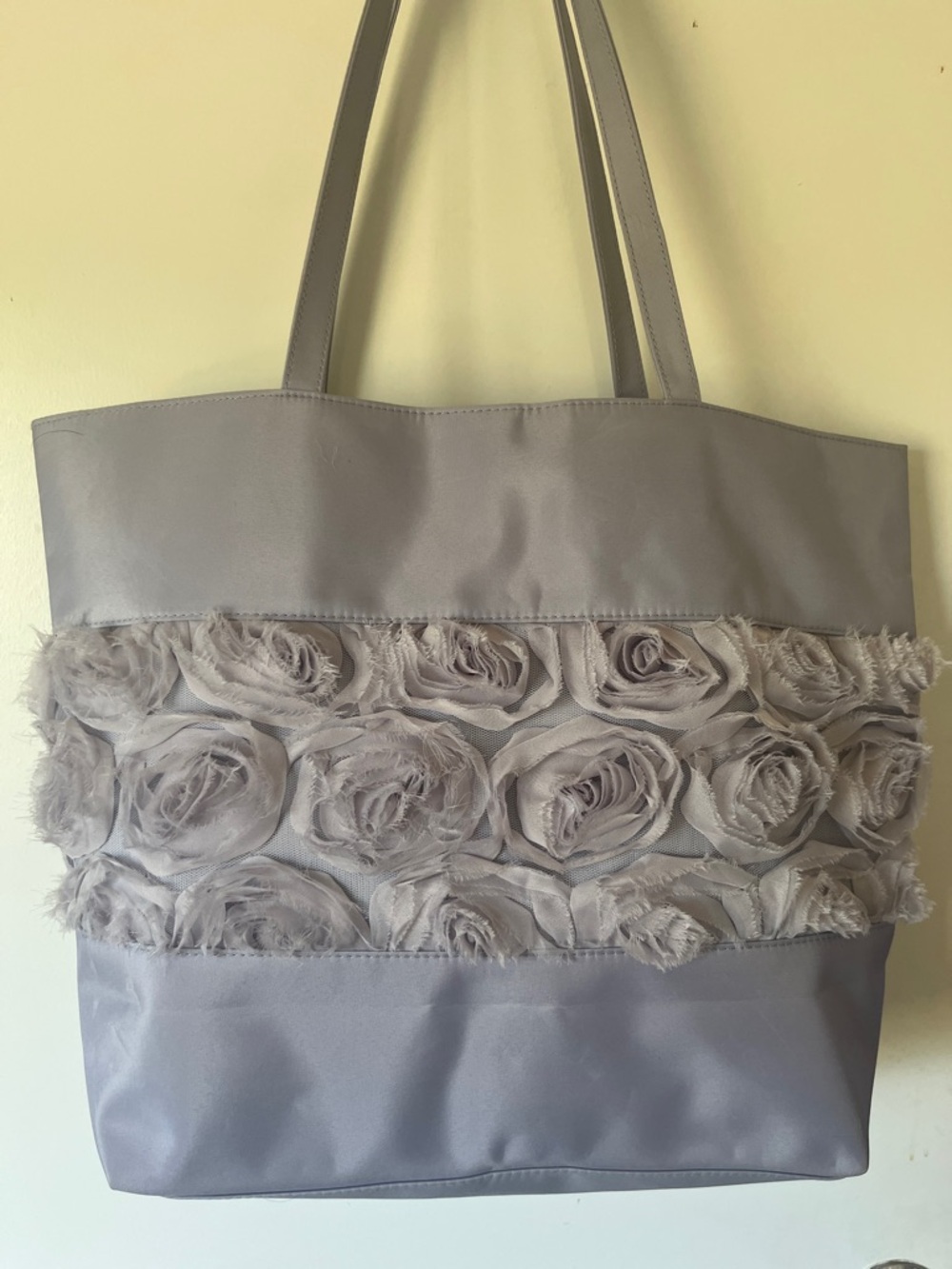 Large pastel lavender satin and rosettes large travel or beach bag everyday tote